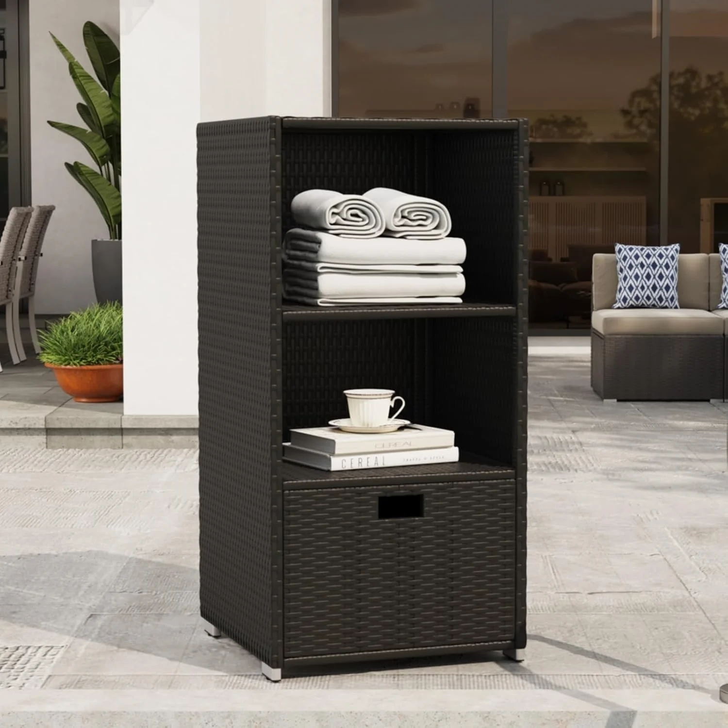 Aoxun Outdoor Towel Cabinet Pool Accessory Storage Organizer Freestanding Waterproof PE Rattan Wicker Shelf 2 Layer with 1 Bottom Drawer for Pool Patio Indoor Black
Aoxun Outdoor Towel Cabinet Pool Accessory Storage Organizer Freestanding Waterproof PE Rattan Wicker Shelf 2 Layer with 1 Bottom Drawer for Pool Patio Indoor Black