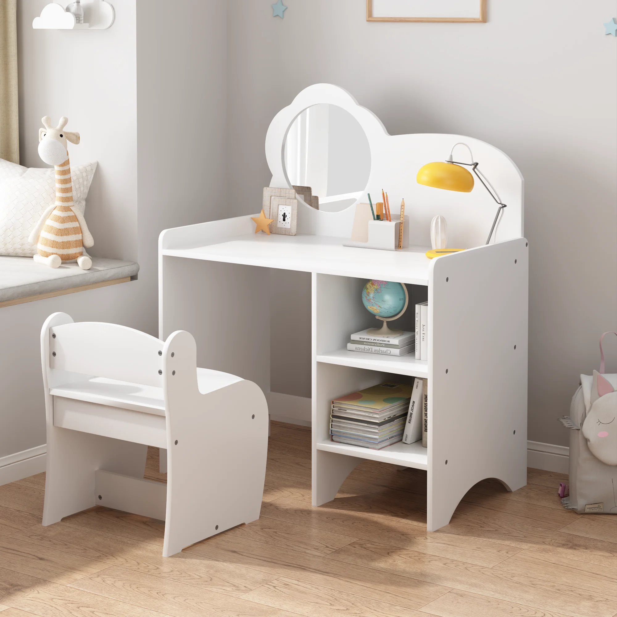 Kids Vanity Table with Mirror and Chair, Wooden Children's Dressing Makeup Desk with Storage Shelves, Study and Activity Table f
Kids Vanity Table with Mirror and Chair, Wooden Children's Dressing Makeup Desk with Storage Shelves, Study and Activity Table f