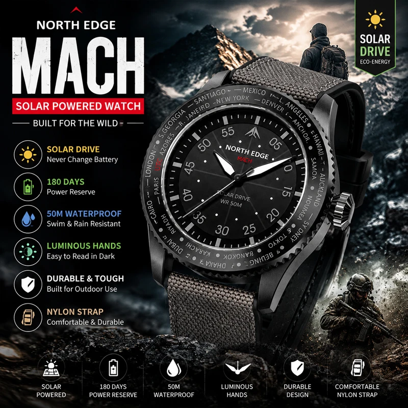 NORTH EDGE Solar Powered Quartz Watch Men MACH Sports Pilot Watches Luminous 50M Waterproof Watches for Man Relogios Masculino
NORTH EDGE Solar Powered Quartz Watch Men MACH Sports Pilot Watches Luminous 50M Waterproof Watches for Man Relogios Masculino