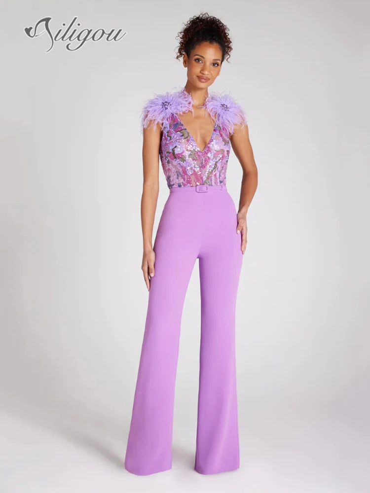 Ailigou 2023 Women's Luxury Feather Sequins Belt Purple V-neck Open Back Tight Bandage Jumpsuit Elegant Celebrity Party Jumpsuit
Ailigou 2023 Women's Luxury Feather Sequins Belt Purple V-neck Open Back Tight Bandage Jumpsuit Elegant Celebrity Party Jumpsuit