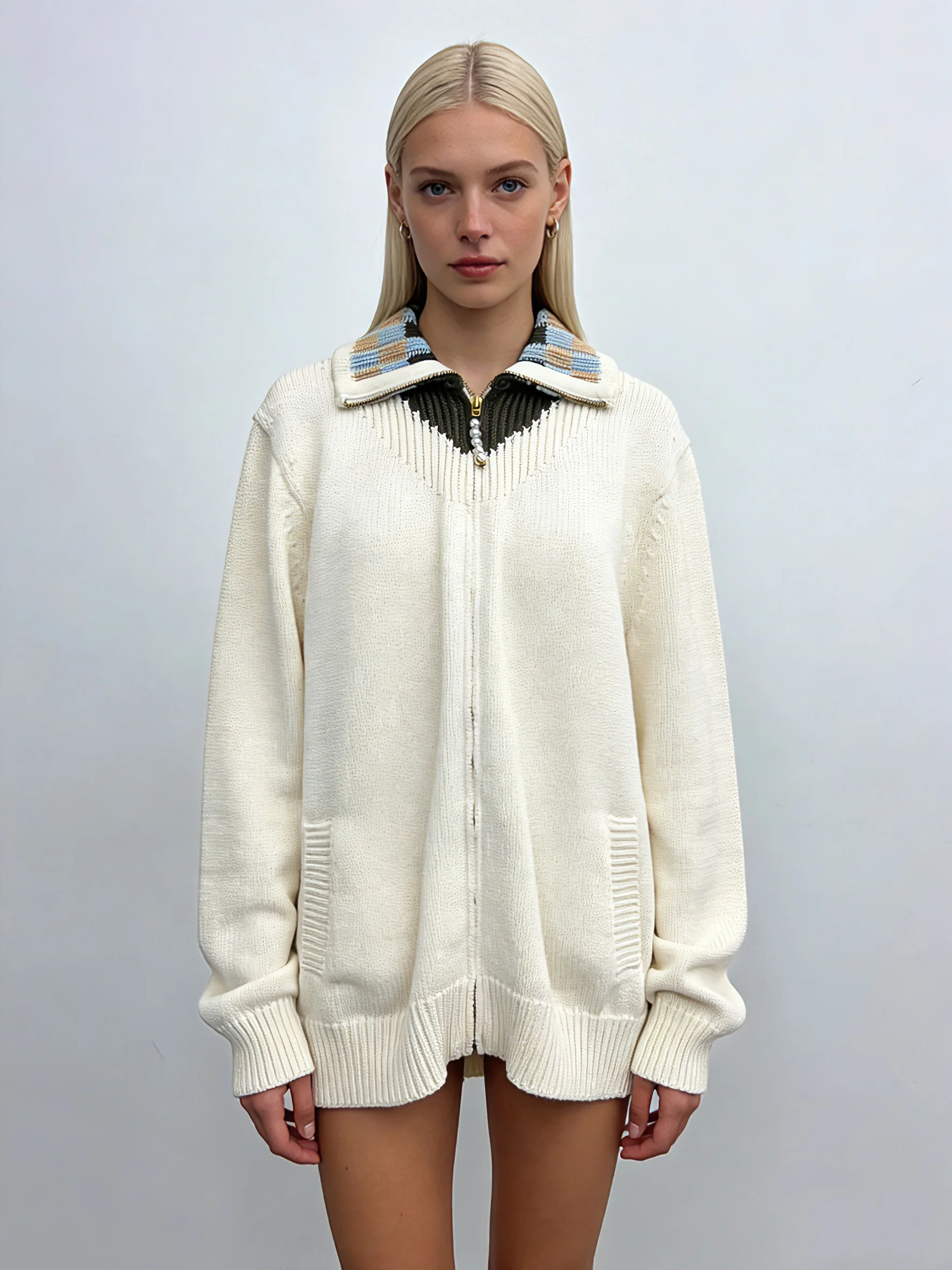 Fashion Women’s Cream Knit Zip Up Cardigan Lapel Collar Plaid Trim Long Sleeve Casual Outerwear
Fashion Women’s Cream Knit Zip Up Cardigan Lapel Collar Plaid Trim Long Sleeve Casual Outerwear