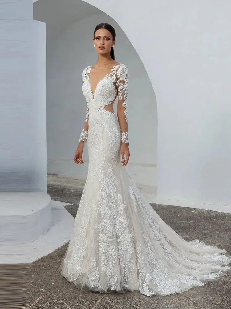 Elegant O-neck Mermaid Wedding Dresses Long Sleeves Appliques Illusion Button Back Floor Length Bridal Gown Vestido De Novia
Elegant O-neck Mermaid Wedding Dresses Long Sleeves Appliques Illusion Button Back Floor Length Bridal Gown Vestido De Novia