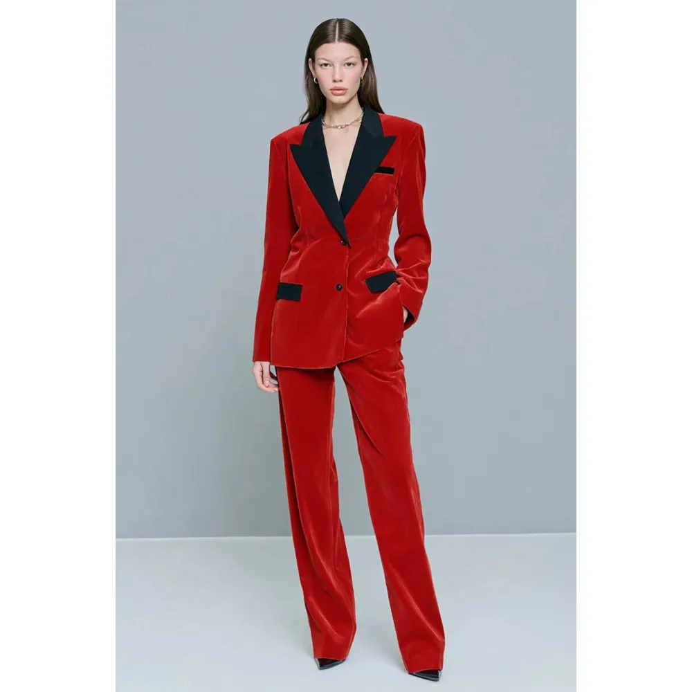 Women’s Red Velvet Suit Set with Contrast Black Lapel | Elegant Blazer and Wide-Leg Pants for Party, Office & Evening Wear
Women’s Red Velvet Suit Set with Contrast Black Lapel | Elegant Blazer and Wide-Leg Pants for Party, Office & Evening Wear