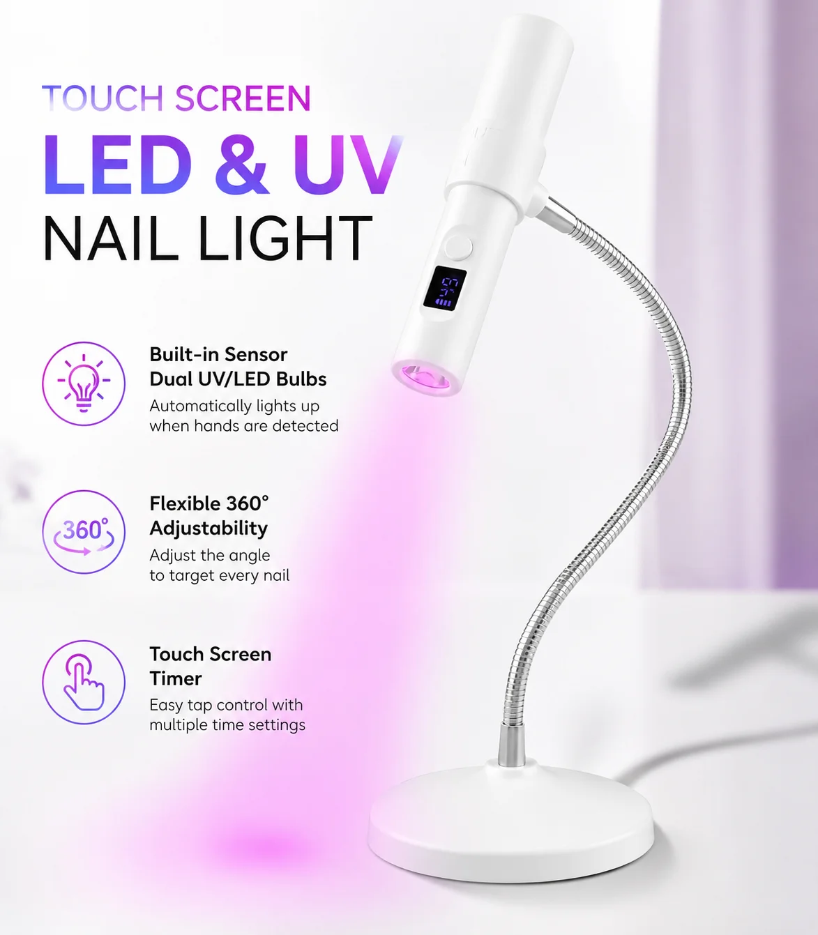 Portable & Adjustable Nail Flash Cure Lamp With Touch Screen LED & UV Nail Light for Gel Nails, Acrylic, Builder WHITE BLACK
Portable & Adjustable Nail Flash Cure Lamp With Touch Screen LED & UV Nail Light for Gel Nails, Acrylic, Builder WHITE BLACK