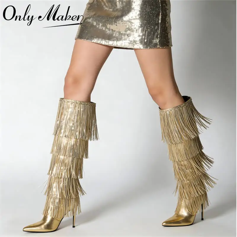 Onlymaker Women Pointed Toe Gold Fringe Metallic Slim Over The Knee Boots Stiletto Sexy Dance Thigh Boots
Onlymaker Women Pointed Toe Gold Fringe Metallic Slim Over The Knee Boots Stiletto Sexy Dance Thigh Boots