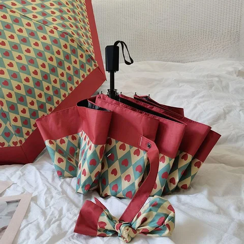 Automatic opening and closing umbrella Rust red fully automatic parasol tri-fold black coating dual-purpose umbrella