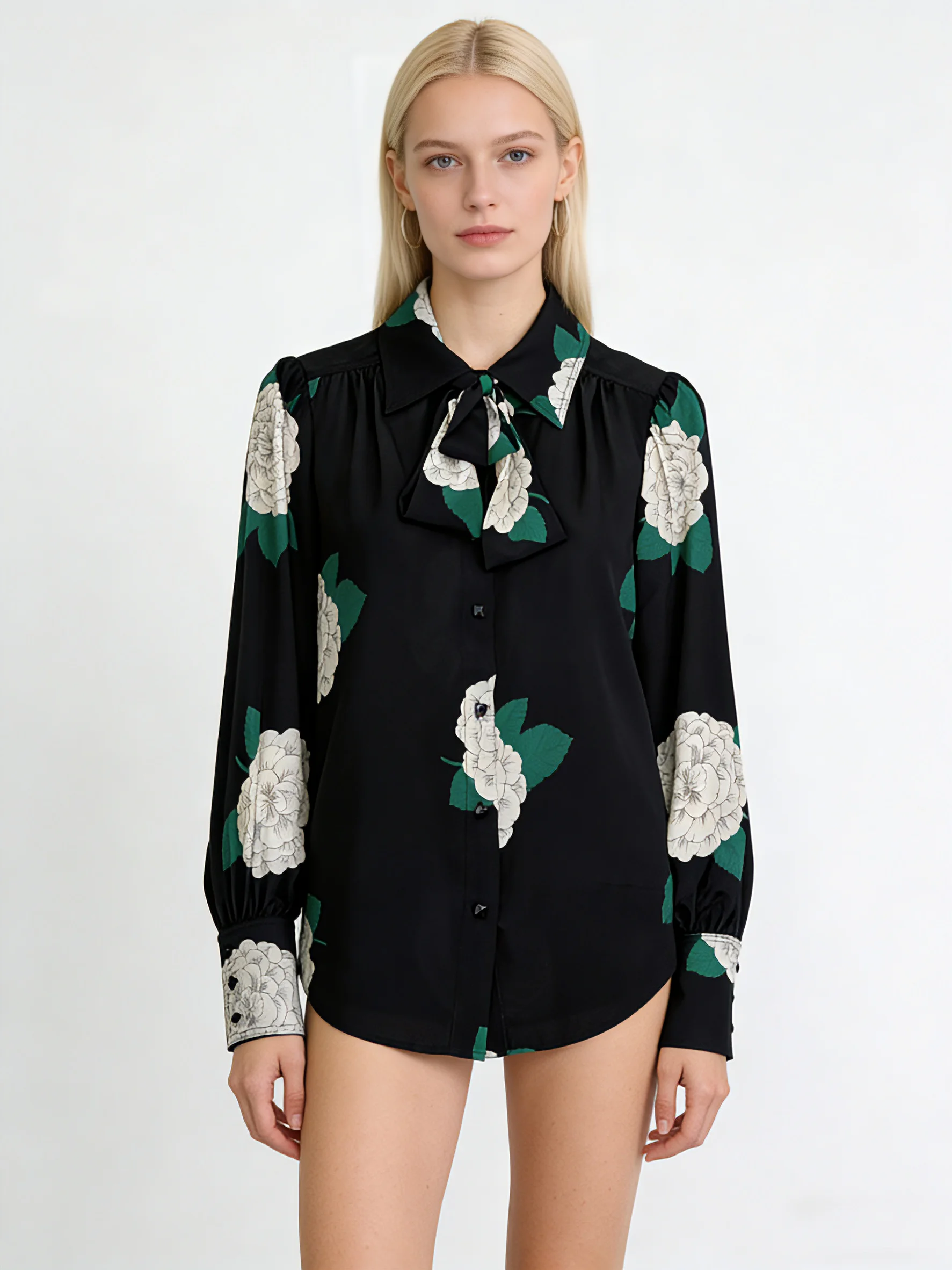 100% Real Silk Women Black Floral Satin Blouse Bow Tie Collar Puff Long Sleeve Button Down Casual Office Top
100% Real Silk Women Black Floral Satin Blouse Bow Tie Collar Puff Long Sleeve Button Down Casual Office Top