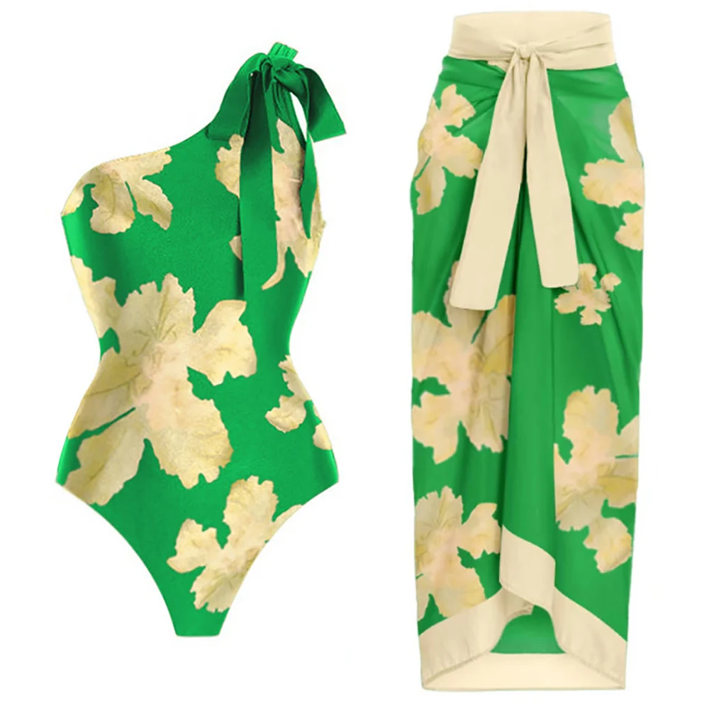 Green Sexy Printed Bikini Set One-piece Swimsuit with Skirt the Shoulder Swimwear Women Lacing Up Bathing Suit Summer Beach Wear
Green Sexy Printed Bikini Set One-piece Swimsuit with Skirt the Shoulder Swimwear Women Lacing Up Bathing Suit Summer Beach Wear