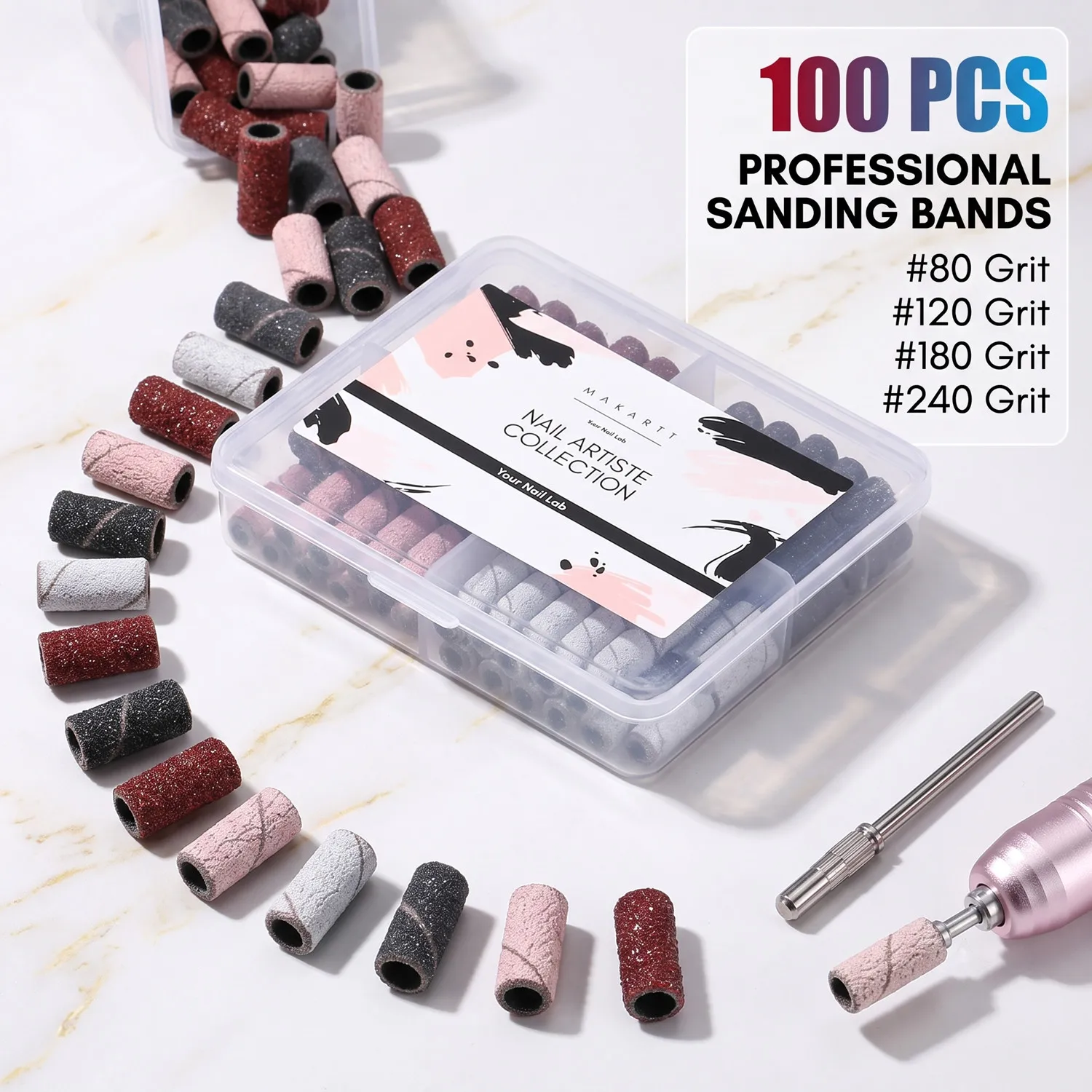 Makartt Nail Drill Bits Sanding Bands for Nail Drill, 100Pcs 4 Color Coarse Fine 80/120/180/240 Grit File Manicure Supplies
Makartt Nail Drill Bits Sanding Bands for Nail Drill, 100Pcs 4 Color Coarse Fine 80/120/180/240 Grit File Manicure Supplies