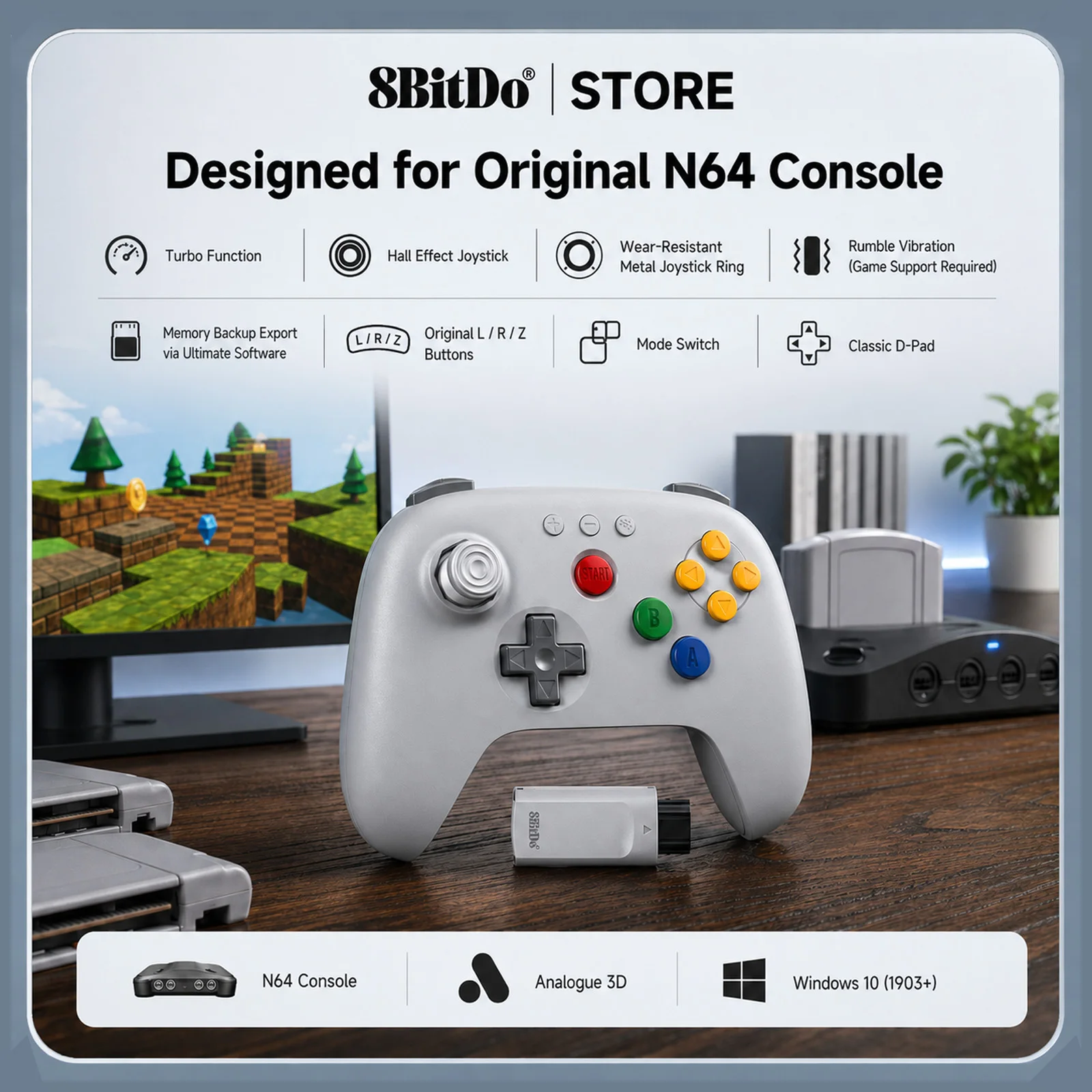 Беспроводной контроллер 8BitDo N64 2.4G для оригинальной N64 / Analogue 3D / ПК с Windows, ретро-геймпад с низкой задержкой (серый)
Беспроводной контроллер 8BitDo N64 2.4G для оригинальной N64 / Analogue 3D / ПК с Windows, ретро-геймпад с низкой задержкой (серый)