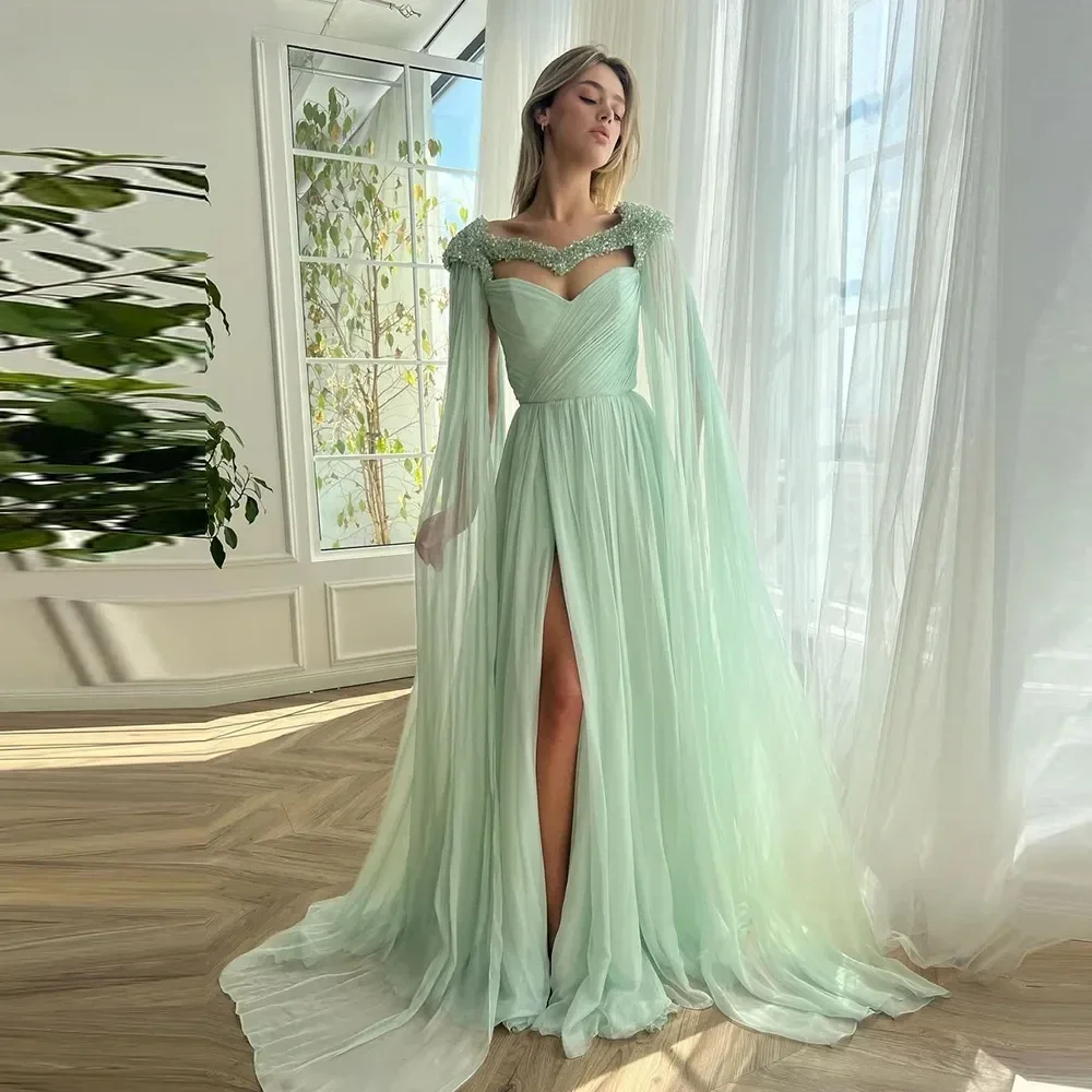 Mint Green Chiffon Long Evening Dresses Luxury 2023 Sweetheart Bead Long Sleeves Elegant Prom Dress Side Slit robes de soirée
Mint Green Chiffon Long Evening Dresses Luxury 2023 Sweetheart Bead Long Sleeves Elegant Prom Dress Side Slit robes de soirée