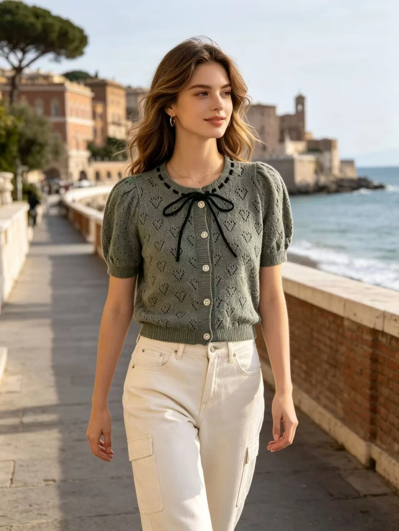 Women's Short Puff Sleeve Cardigan Sweater, French Style Bow Tie Hollow Out Knit Top, Crew Neck Button Down Knitwear for Casual
Women's Short Puff Sleeve Cardigan Sweater, French Style Bow Tie Hollow Out Knit Top, Crew Neck Button Down Knitwear for Casual