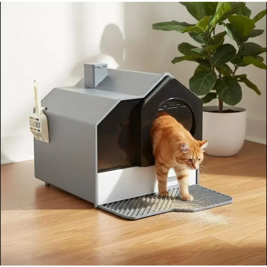 Hooded Cat Litter Tray with Scoop, Cat Litter Box with Drawer Pan, Handle, Deodorants, Hut Design, Front Entrance, 47 x 45 x 42cm - Grey
Hooded Cat Litter Tray with Scoop, Cat Litter Box with Drawer Pan, Handle, Deodorants, Hut Design, Front Entrance, 47 x 45 x 42cm - Grey