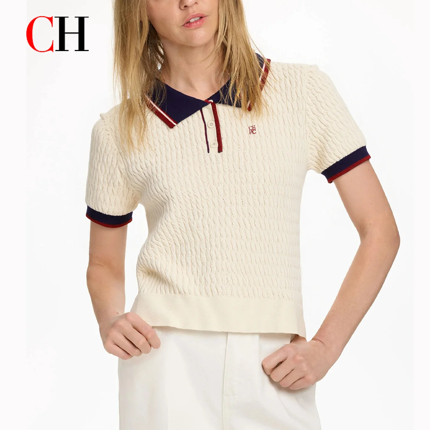 CH Solid Color Embroidered Knit Polo Shirt Women Elegant Short Sleeve Ribbed Trim Office Casual Tops
CH Solid Color Embroidered Knit Polo Shirt Women Elegant Short Sleeve Ribbed Trim Office Casual Tops