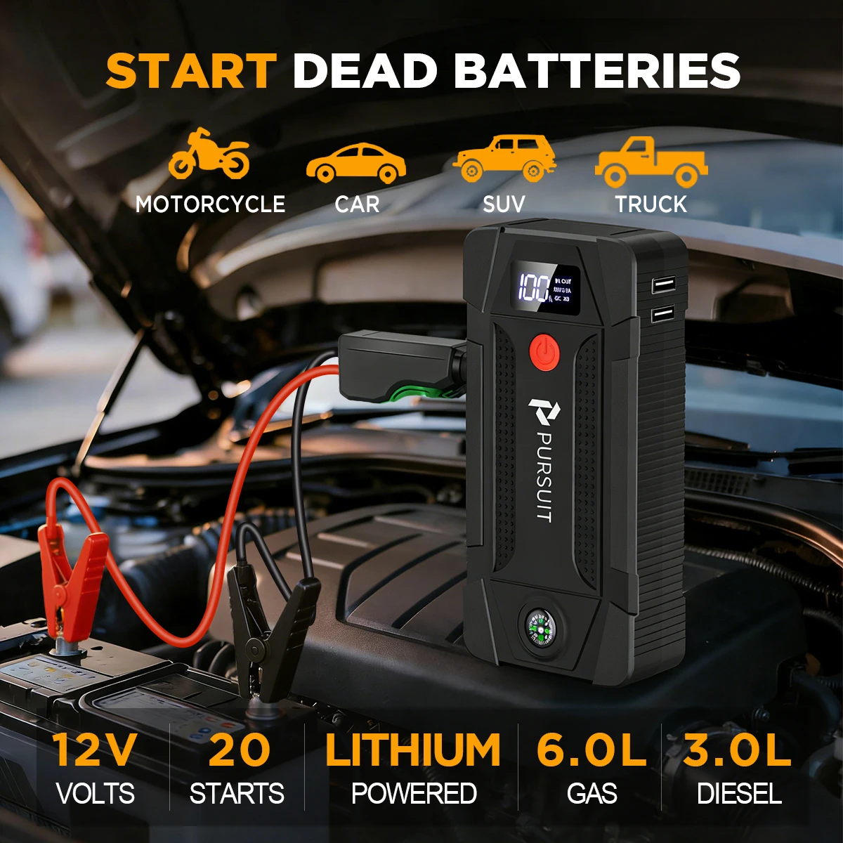 64000mAh UltraSafe Car Jump Starter,12V Lithium Battery Booster Pack, Portable Jump Box Power Bank & Jumper Cables
64000mAh UltraSafe Car Jump Starter,12V Lithium Battery Booster Pack, Portable Jump Box Power Bank & Jumper Cables