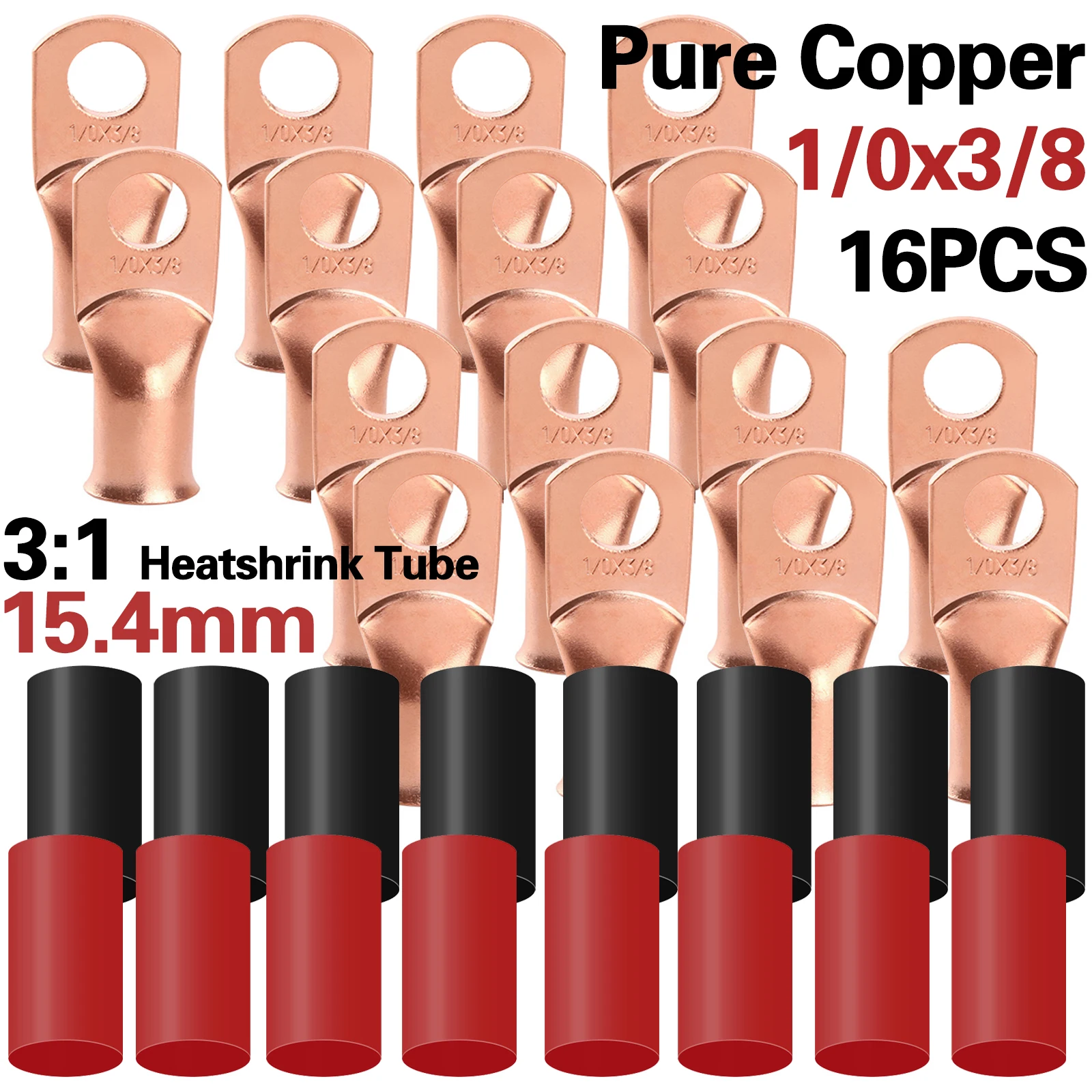 GIE.TOP 32PCS Pure Copper Made Heavy-Duty1/0 AWG 3/8" (M10) Cable Studs Terminal Lugs Battery Connectors with Heatshrink Tube
GIE.TOP 32PCS Pure Copper Made Heavy-Duty1/0 AWG 3/8" (M10) Cable Studs Terminal Lugs Battery Connectors with Heatshrink Tube
