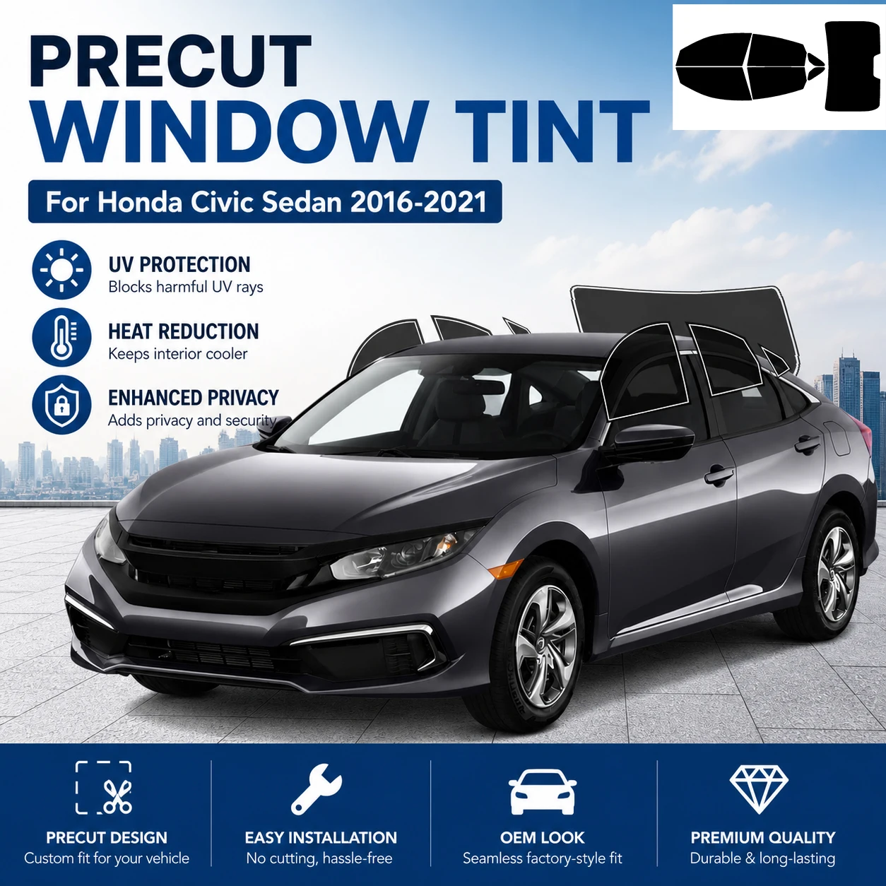Предварительно нарезанная тонировочная пленка для окон автомобиля Honda Civic Sedan 2016-2021, защита от солнца, УФ-излучения, жары и бликов, 2-слойная защитная пленка для окон, наклейка на автомобиль
Предварительно нарезанная тонировочная пленка для окон автомобиля Honda Civic Sedan 2016-2021, защита от солнца, УФ-излучения, жары и бликов, 2-слойная защитная пленка для окон, наклейка на автомобиль