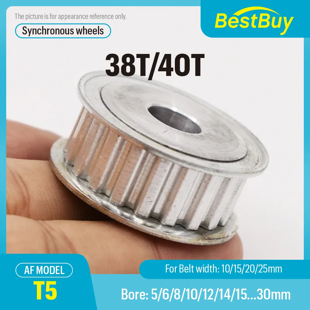 T5 AF Shape Alloy Synchronous Wheels 38T/40T with Bore 8-30mm for Pitch 5mm Compatible with Width 10/15/20/25mm Timing Blet
T5 AF Shape Alloy Synchronous Wheels 38T/40T with Bore 8-30mm for Pitch 5mm Compatible with Width 10/15/20/25mm Timing Blet