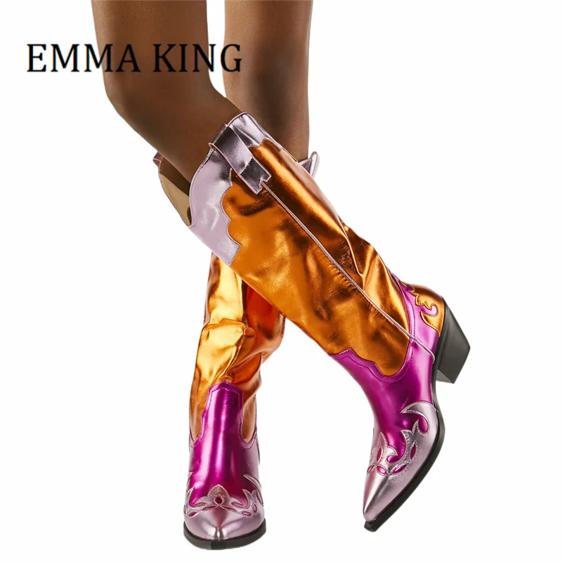 Spring Autumn Women Multi Color Cowboy Boots Western Metallic Leather Chunky Heels Boots Pointed Toe Cool Girl Motorcycle Boots
Spring Autumn Women Multi Color Cowboy Boots Western Metallic Leather Chunky Heels Boots Pointed Toe Cool Girl Motorcycle Boots