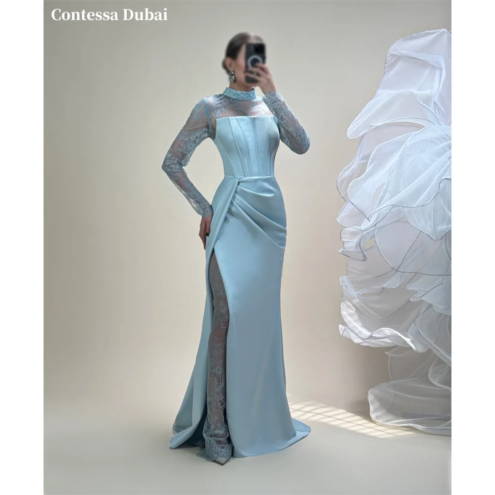 Contessa Custom Baby Blue High Neck Evening Dress Lace Sleeve Corset Prom Dresses Satin Vestidos De Noche Mermaid Formal Evening
Contessa Custom Baby Blue High Neck Evening Dress Lace Sleeve Corset Prom Dresses Satin Vestidos De Noche Mermaid Formal Evening
