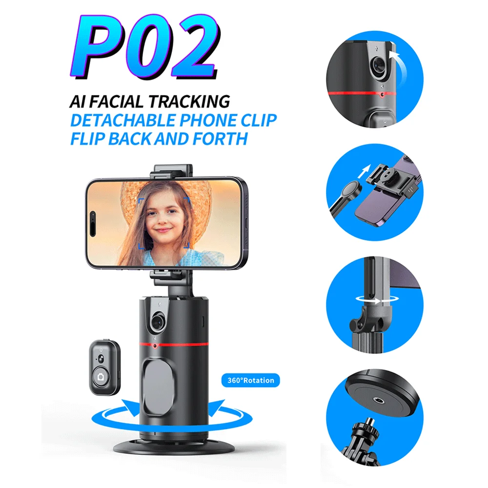 P02 360° Auto Face Tracking Gimbal with Detachable Phone Clip & Wireless Remote – AI-Powered Smart Phone Holder/Gesture Control
P02 360° Auto Face Tracking Gimbal with Detachable Phone Clip & Wireless Remote – AI-Powered Smart Phone Holder/Gesture Control