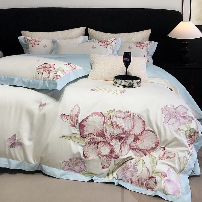 Egyptian Cotton Floral Embroidery Bedding Set Luxury 4pcs Solid Color Duvet Cover Fitted Bed Sheet Pillowcases Home Textiles
Egyptian Cotton Floral Embroidery Bedding Set Luxury 4pcs Solid Color Duvet Cover Fitted Bed Sheet Pillowcases Home Textiles