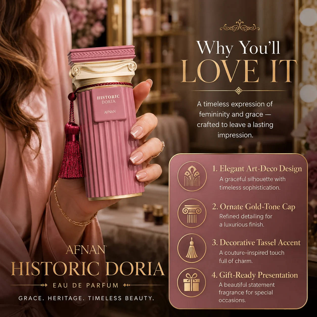 Afnan Historic Doria Perfume, Elegant Floral Powdery Fragrance, Art-Deco Pink Bottle with Gold Cap and Tassel, Gift-Ready Scent for Special Occasions
Afnan Historic Doria Perfume, Elegant Floral Powdery Fragrance, Art-Deco Pink Bottle with Gold Cap and Tassel, Gift-Ready Scent for Special Occasions