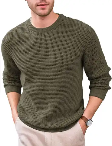 Men's Crewneck Waffle Texture Long Sleeve Knit Sweater