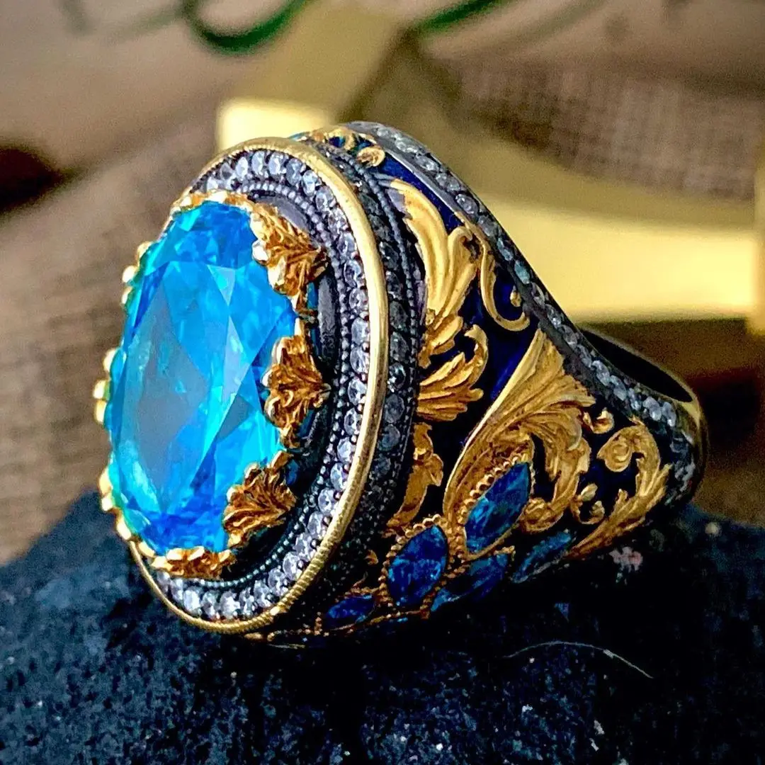 925 Sterling Silver Ring VIP Gold Plated Aquamarine Stone Baroque Embroidery Handmade Colored With Enamel Gift for Men Zircon
925 Sterling Silver Ring VIP Gold Plated Aquamarine Stone Baroque Embroidery Handmade Colored With Enamel Gift for Men Zircon