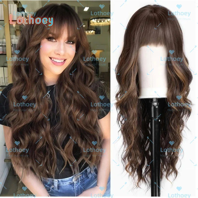 Women's Long Curly Wavy Wig with Bangs - Dark Brown to Lighter Brown Highlights, Natural Waves & Soft Layers - Everyday & Party 
Women's Long Curly Wavy Wig with Bangs - Dark Brown to Lighter Brown Highlights, Natural Waves & Soft Layers - Everyday & Party