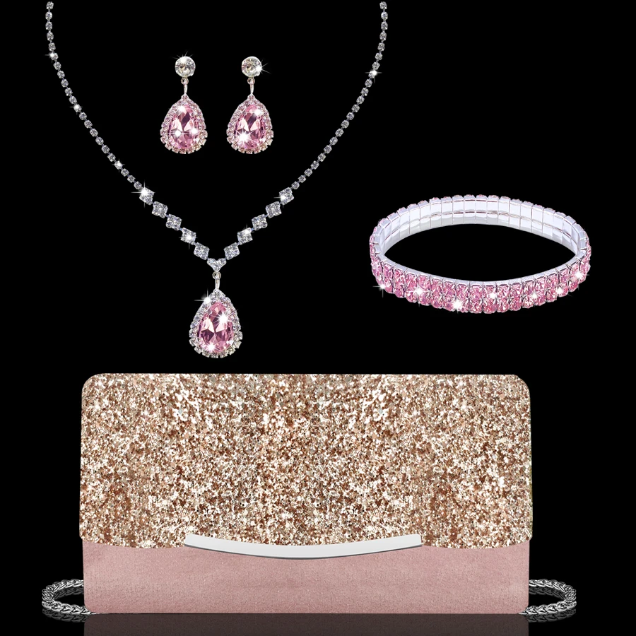 Gorgeous and Elegant Rhinestone-Decorated Women's Business Clutch Bag, Fashionable and Romantic Party Banquet Evening Bag, Exquisite and Charming Bridal Wedding Bag with High-Quality Shiny Luxury Rhinestone Necklace, Earrings and Bracelets, Four-Piece Set
Gorgeous and Elegant Rhinestone-Decorated Women's Business Clutch Bag, Fashionable and Romantic Party Banquet Evening Bag, Exquisite and Charming Bridal Wedding Bag with High-Quality Shiny Luxury Rhinestone Necklace, Earrings and Bracelets, Four-Piece Set