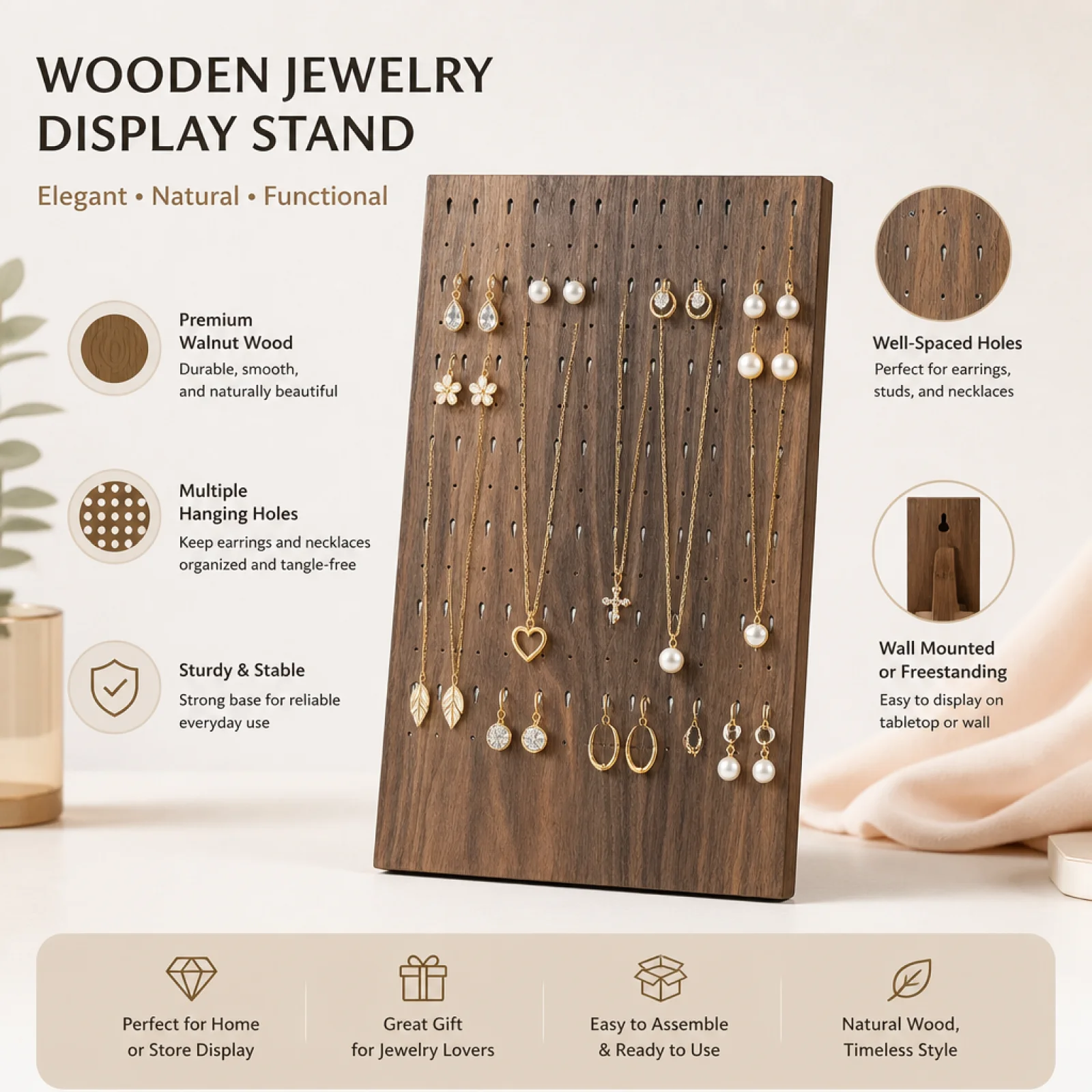Walnut Earring and Necklace Holder Elegant Design Walnut Finish Necklace Holder Wooden Jewelry Stand Stable for Boutique Owners
Walnut Earring and Necklace Holder Elegant Design Walnut Finish Necklace Holder Wooden Jewelry Stand Stable for Boutique Owners