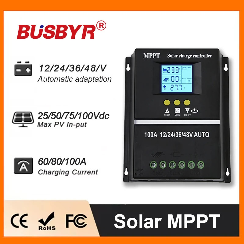 Busbyr MPPT 60A 80A 100A Solar Charge Controller 12V 24V 36V 48V Solar Panel Lead Acid/Lithium Battery Regulator Dual USB
Busbyr MPPT 60A 80A 100A Solar Charge Controller 12V 24V 36V 48V Solar Panel Lead Acid/Lithium Battery Regulator Dual USB