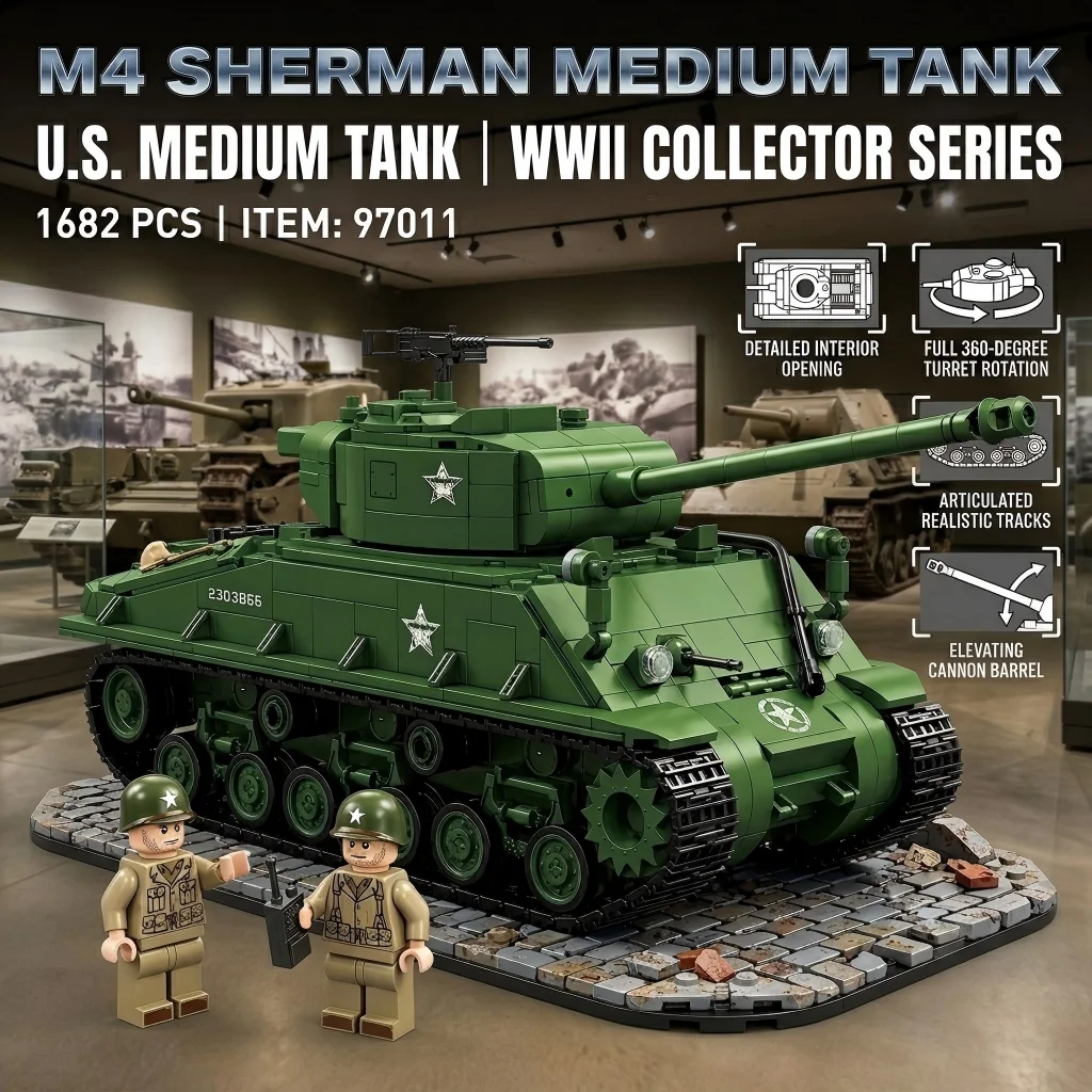 1682pcs Military M4 Sherman Tank Building Blocks DIY WW2 US Army Medium Tank Model MOC High-Tech Bricks Toy Adults Boys Gift
1682pcs Military M4 Sherman Tank Building Blocks DIY WW2 US Army Medium Tank Model MOC High-Tech Bricks Toy Adults Boys Gift