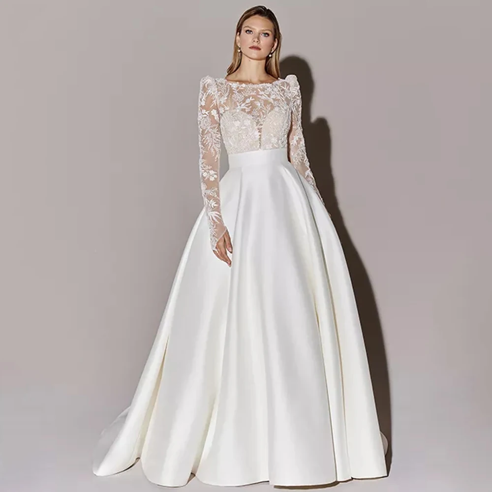 Exquisite Tulle and Satin Wedding Dress Delicate Applique Long Sleeve Open Back Scoop Neck Bride A-Line Customized Button Gown
Exquisite Tulle and Satin Wedding Dress Delicate Applique Long Sleeve Open Back Scoop Neck Bride A-Line Customized Button Gown