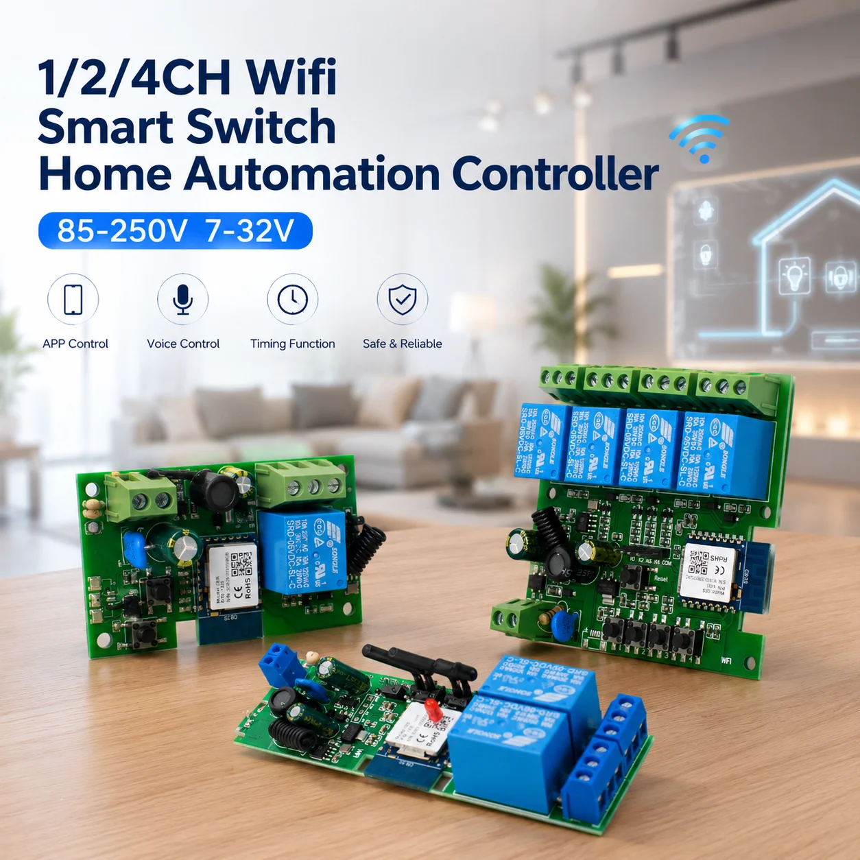 Wifi Smart Switch 1/2/4CH Home Automation Controller 12V 24V 220V RF 433 Relay Alexa Googole Home Tuya APP Control
Wifi Smart Switch 1/2/4CH Home Automation Controller 12V 24V 220V RF 433 Relay Alexa Googole Home Tuya APP Control