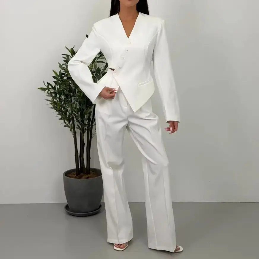 2026 Women's Two Piece Suit, V Neck Diagonal Single Button Cut Out Waist Cropped Blazer & High Waist Back Pleated Ruffle Wide Le
2026 Women's Two Piece Suit, V Neck Diagonal Single Button Cut Out Waist Cropped Blazer & High Waist Back Pleated Ruffle Wide Le