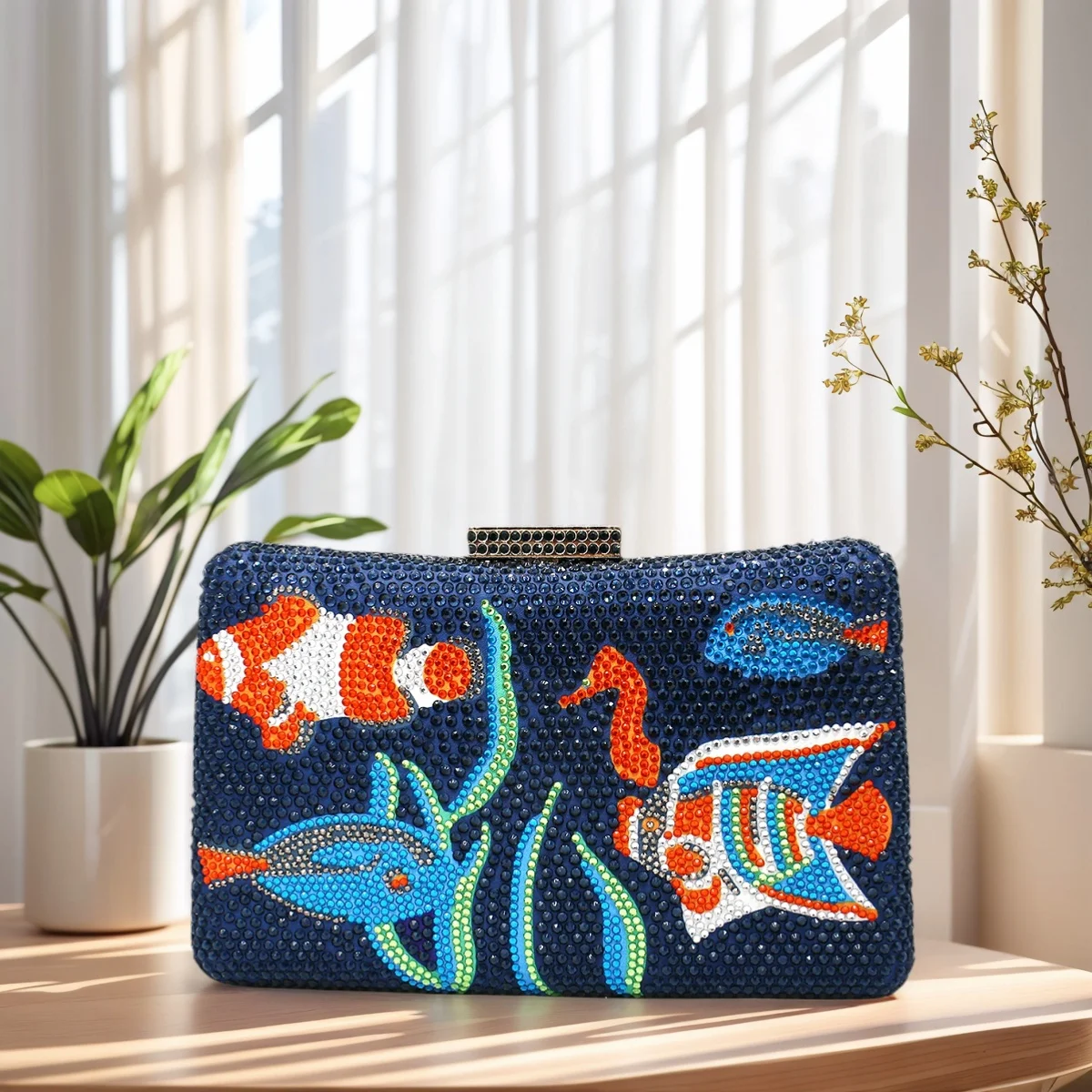 Chic Women Fish Pattern Rhinestone Evening Handbag Square Box Crystal Clutch Diamond Crossbody Purse for Cocktail Party
Chic Women Fish Pattern Rhinestone Evening Handbag Square Box Crystal Clutch Diamond Crossbody Purse for Cocktail Party
