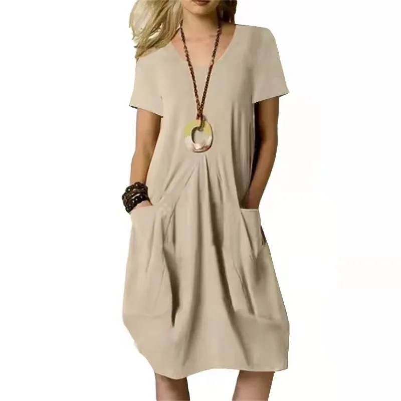 SKMY 2025 Fashion New Solid Color Cotton And Linen Dress With Pockets Round Neck Short Sleeve Midi Dresses Women Clothing
SKMY 2025 Fashion New Solid Color Cotton And Linen Dress With Pockets Round Neck Short Sleeve Midi Dresses Women Clothing