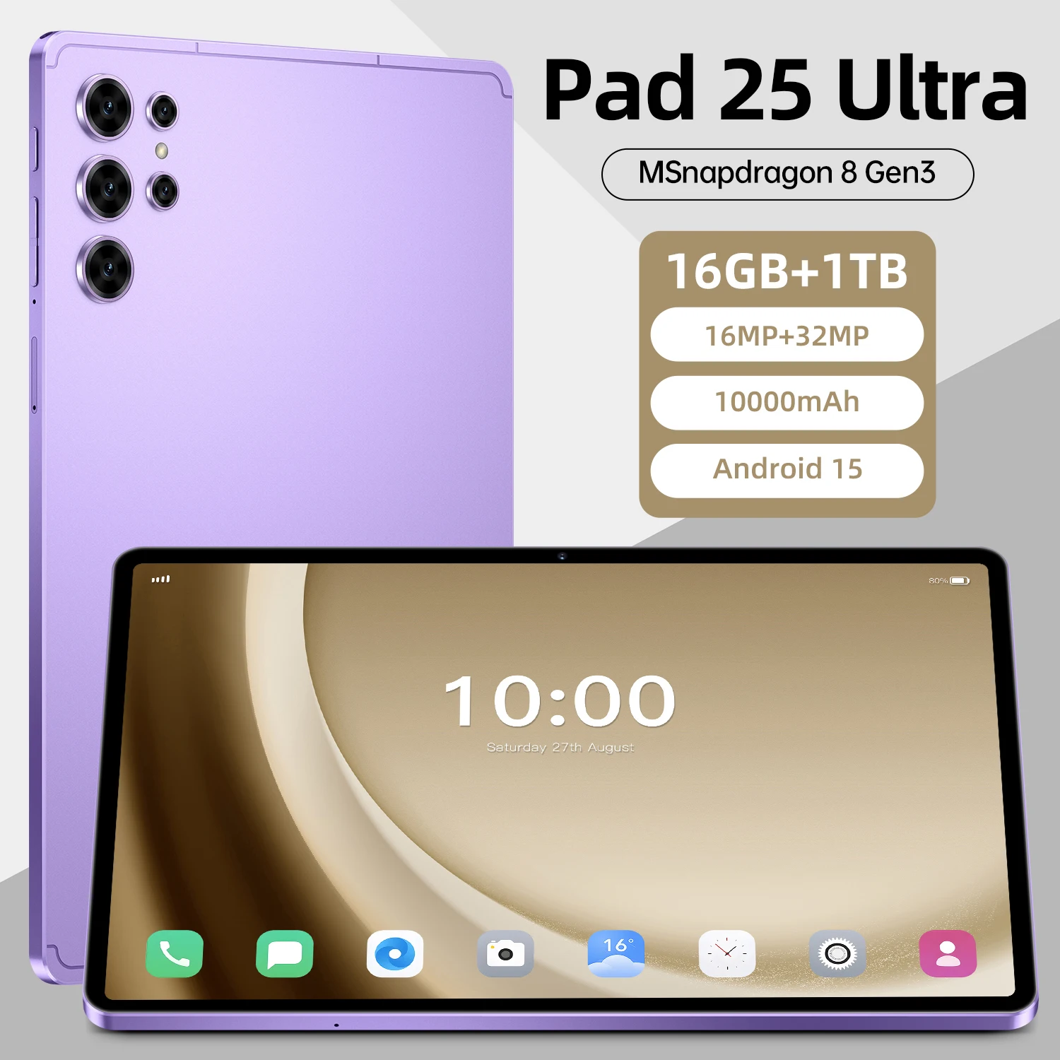 2025 НОВЫЙ планшет Pad 25 Ultra MSnapdragon 8 Gen3 HD, экран Android 15 16 ГБ + 1 ТБ, 10000 мАч, 5G, двойная карта, Wi-Fi, GPS, планшет
2025 НОВЫЙ планшет Pad 25 Ultra MSnapdragon 8 Gen3 HD, экран Android 15 16 ГБ + 1 ТБ, 10000 мАч, 5G, двойная карта, Wi-Fi, GPS, планшет