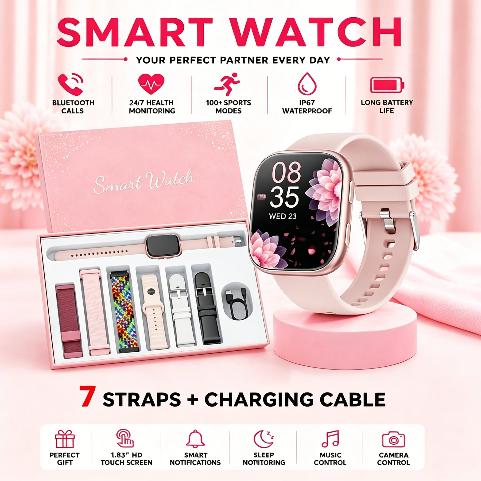 Hot Sale New Ladies Smartwatch Full Touch Screen Fitness Monitor 7 Bands Gift Box Waterproof Sport Watch for Women Android iOS
Hot Sale New Ladies Smartwatch Full Touch Screen Fitness Monitor 7 Bands Gift Box Waterproof Sport Watch for Women Android iOS