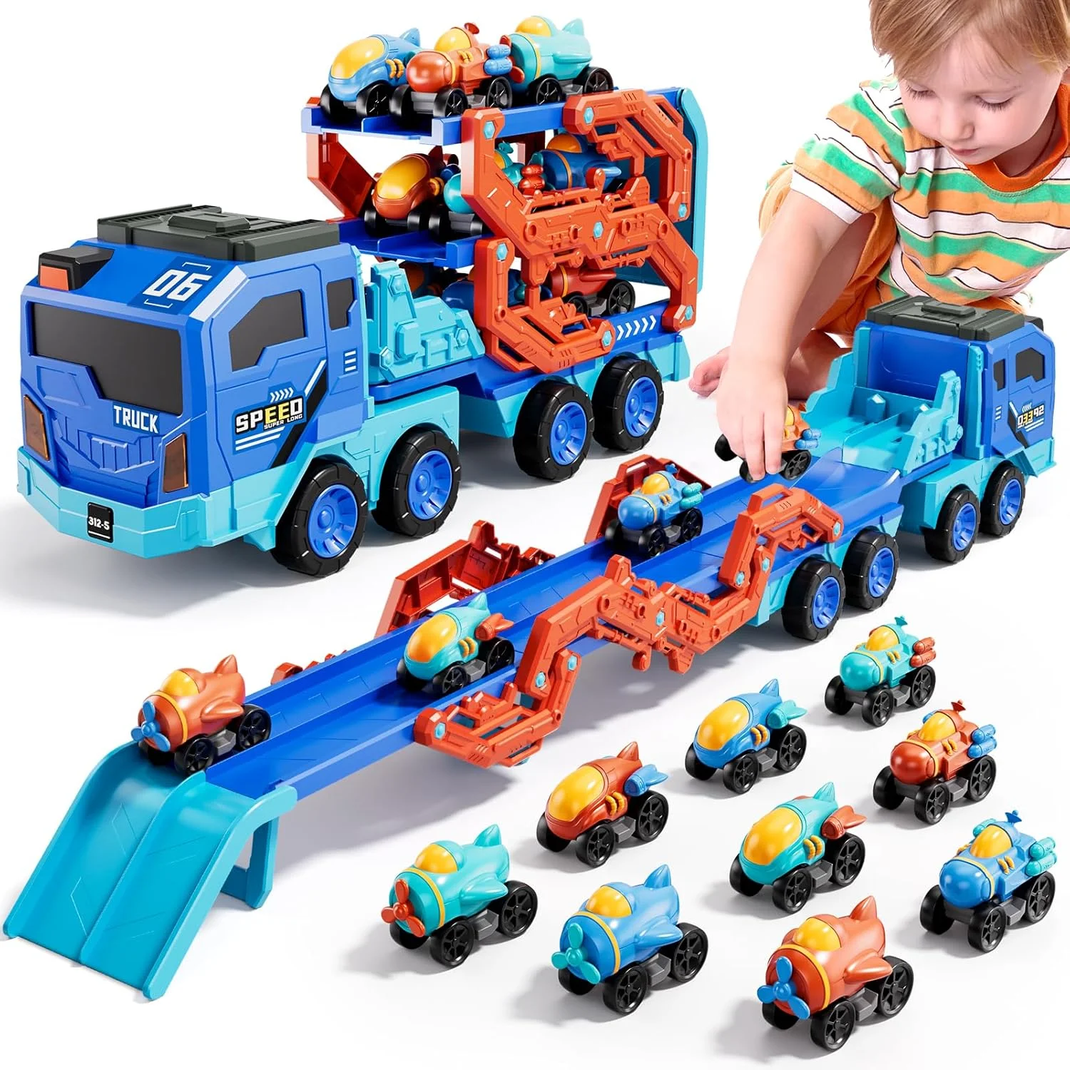 10-in-1 Toddler Foldable Carrier Space Truck Toys for Kids Boys Ages 3-5 4-7, Long Race Track Ejection Truck with Lights & Sound
10-in-1 Toddler Foldable Carrier Space Truck Toys for Kids Boys Ages 3-5 4-7, Long Race Track Ejection Truck with Lights & Sound