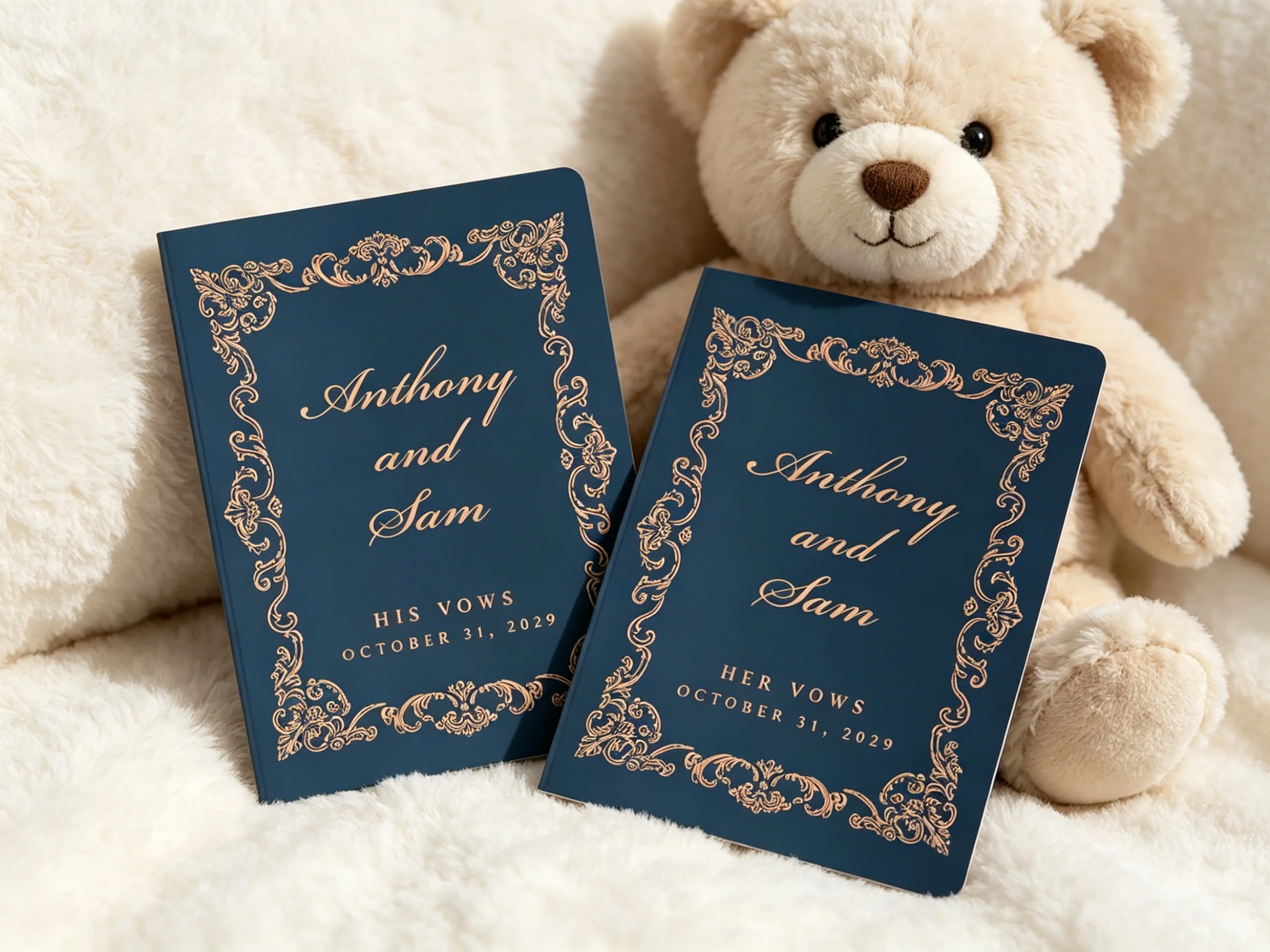 Ornate Navy Gold Foil Vow Books Set Personalized His & Hers for Elegant Wedding Ceremony
Ornate Navy Gold Foil Vow Books Set Personalized His & Hers for Elegant Wedding Ceremony