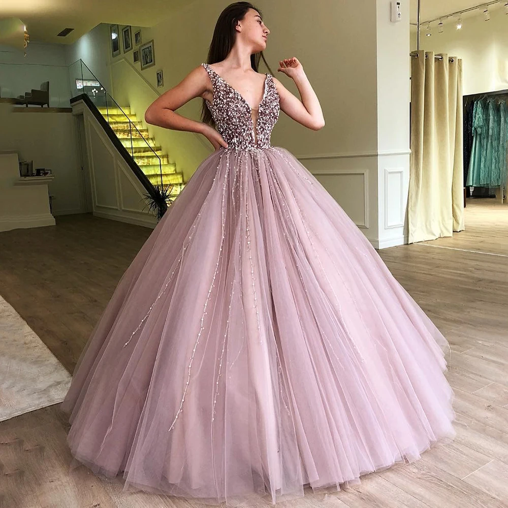Luxury Tulle Princess Prom Dress Classic V-Neck Sleeveless A-Line Floor Length with Beading and Pearls Girls Exquisite Gowns
Luxury Tulle Princess Prom Dress Classic V-Neck Sleeveless A-Line Floor Length with Beading and Pearls Girls Exquisite Gowns