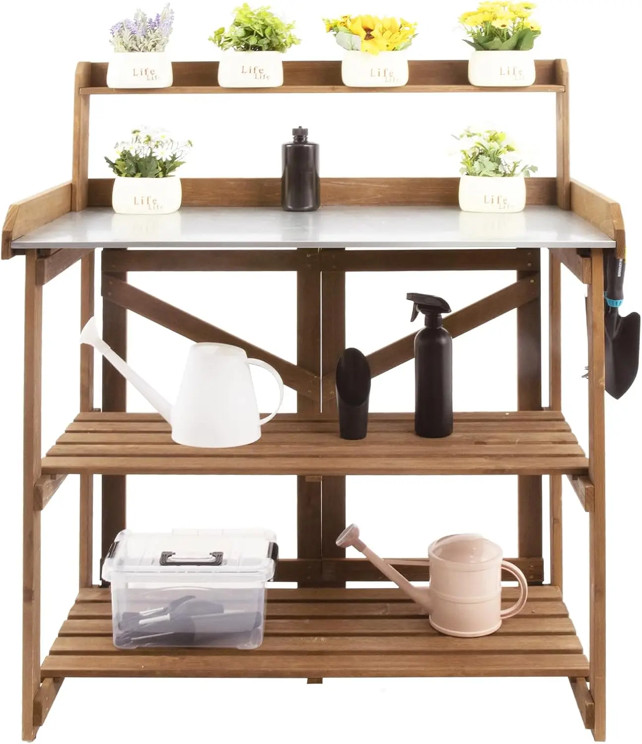 Folding Potting Bench Table, Outdoor Fir Wood Workstation with Galvanized Top, 2-Tier Storage Shelves, for Garden Planting – Brown
Folding Potting Bench Table, Outdoor Fir Wood Workstation with Galvanized Top, 2-Tier Storage Shelves, for Garden Planting – Brown