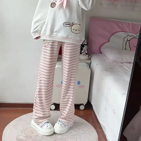 Japanese Kawaii Lolita Straight Pants Women Sweet Striped Cartoon Embroidery Casual Pants Girl Y2k Aesthetic Fairy Cute Trousers