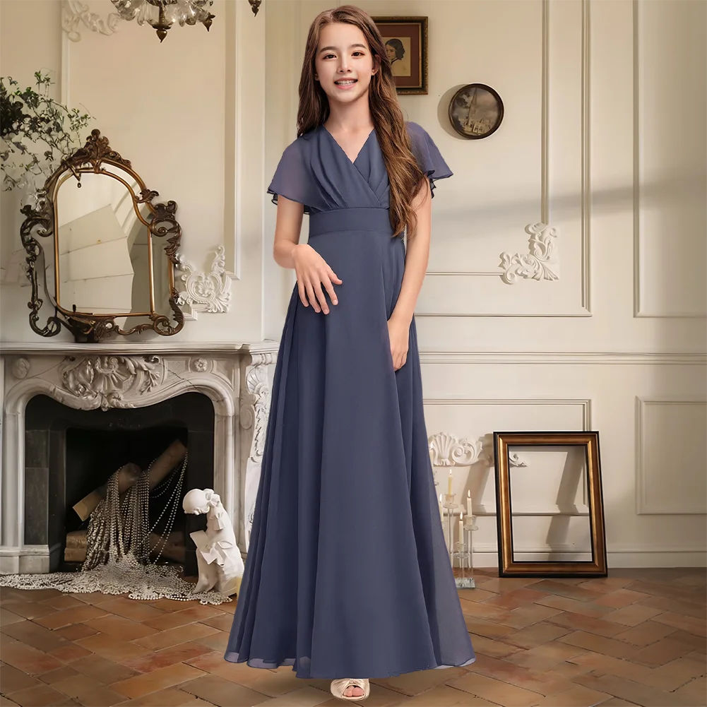 Elegant V-Neck Junior Bridesmaid Dress Floor-Length Chiffon Pleated Flower Girl Dress Girls Party Formal Wedding Gowns
Elegant V-Neck Junior Bridesmaid Dress Floor-Length Chiffon Pleated Flower Girl Dress Girls Party Formal Wedding Gowns