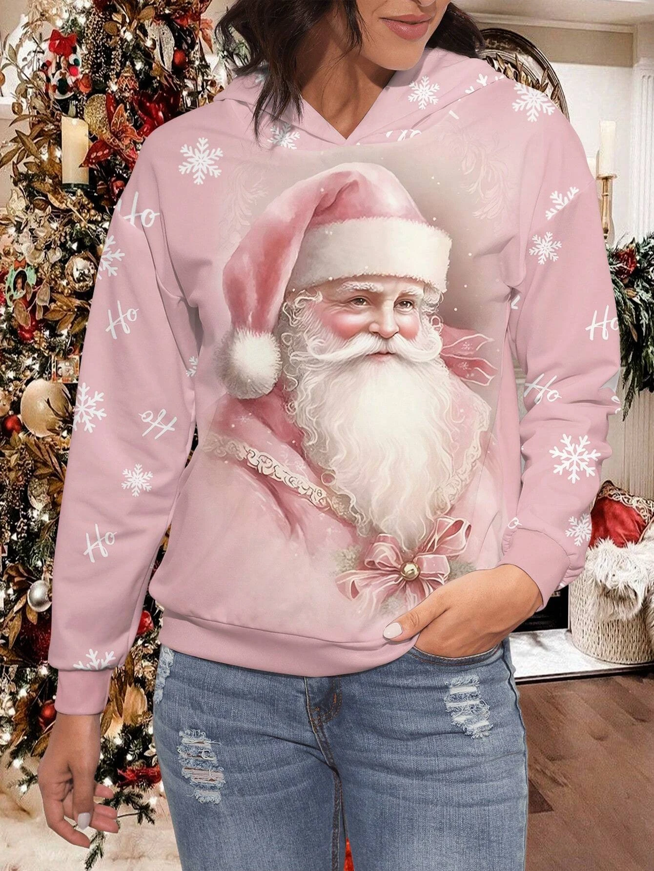 Ladies' Pink Santa Claus Pattern Printed Christmas Coat Sportswear For Autumn And Winter Casual Loose Long Sleeved Sportswear
Ladies' Pink Santa Claus Pattern Printed Christmas Coat Sportswear For Autumn And Winter Casual Loose Long Sleeved Sportswear