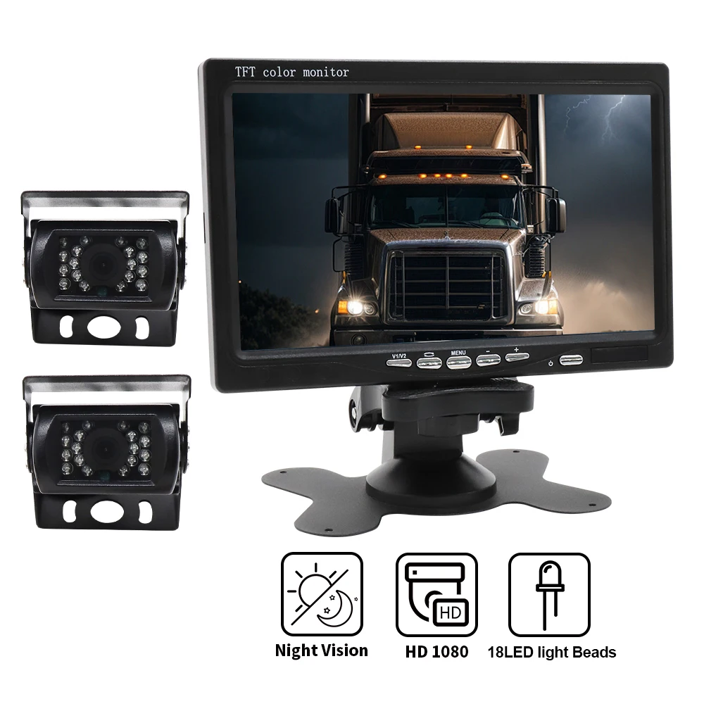 Truck Backup Camera System 7" TFT HD1080P Dual Night Vision Cameras 18LEDs 180°View with 10M AV Cable for Heavy Duty Vehicles
Truck Backup Camera System 7" TFT HD1080P Dual Night Vision Cameras 18LEDs 180°View with 10M AV Cable for Heavy Duty Vehicles