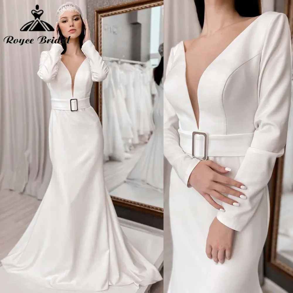 Simple Crepe Wedding Dress Long Sleeves Sexy Mermaid Belt Open Back Sheer Net Buttons Elegant Bridal Dress Custom Made Robe
Simple Crepe Wedding Dress Long Sleeves Sexy Mermaid Belt Open Back Sheer Net Buttons Elegant Bridal Dress Custom Made Robe